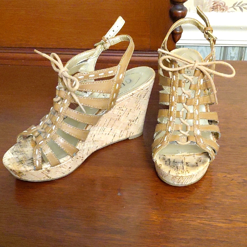 GUESS Tan Lace Up Wedges Size 5.5